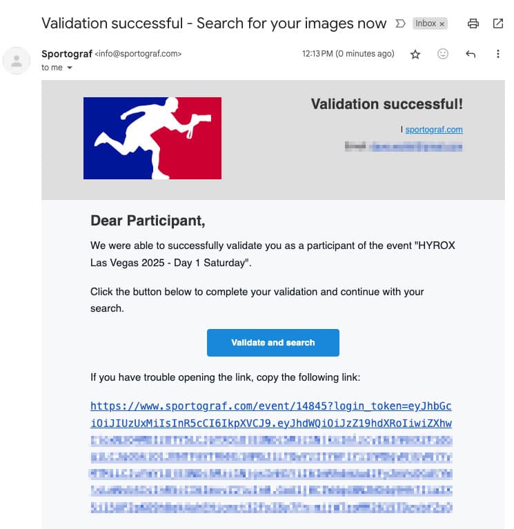 HYROX Sportograf validation email